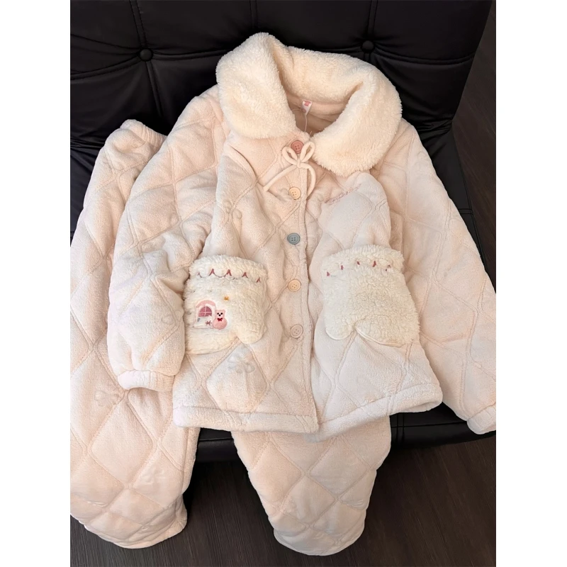 可爱少女纯色卡通夹棉睡衣女冬季新款大码保暖加厚家居服套装外穿