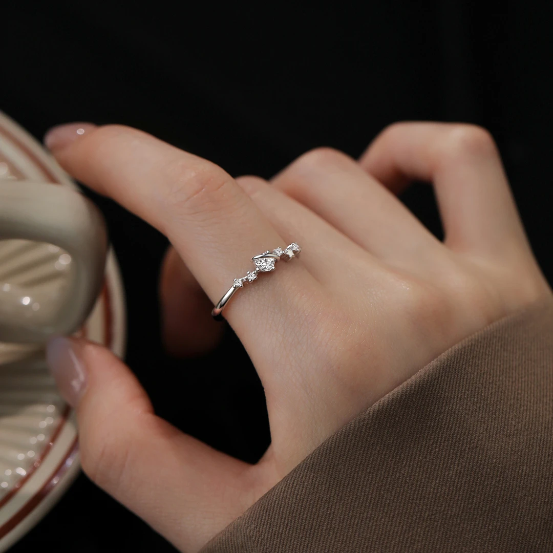 足银戒指 999纯银星球戒指女时尚个性小众可调节素圈开口戒设计感