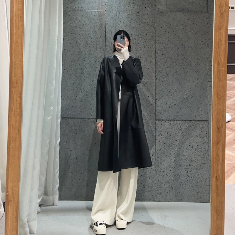 M12190百搭V领中长款皮衣  衣长117 款号HY9302