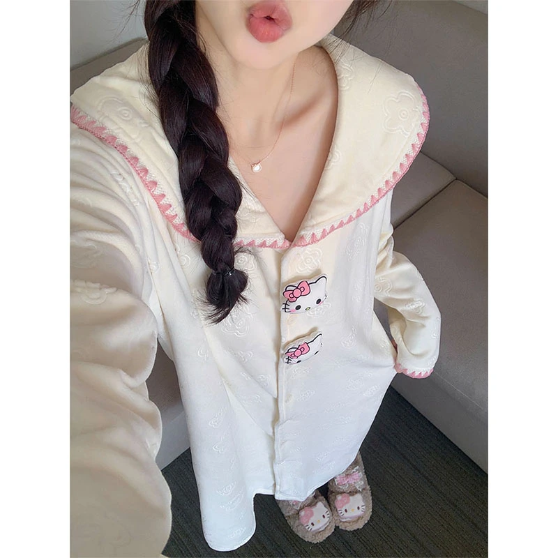 日系卡通猫咪海岛绒睡裙睡衣女款秋冬季爆款娃娃领小香风家居服冬