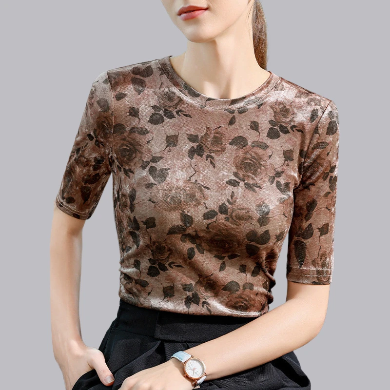 广场舞新款印花褶皱收腰女短袖现代舞拉丁舞练功服