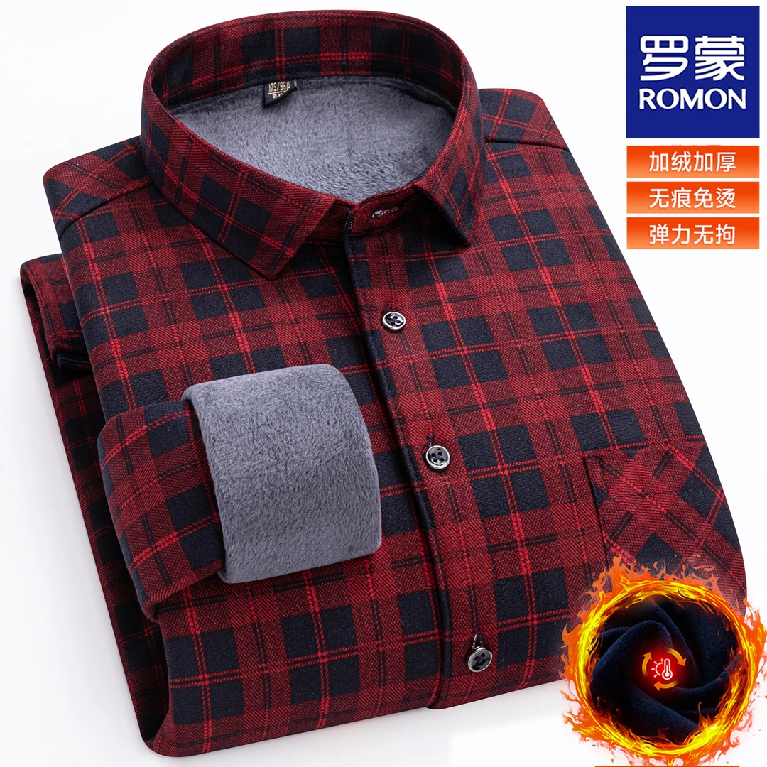 罗蒙本命年红色格子款长袖衬衫舒适商务休闲加绒加厚保暖男士衬衣