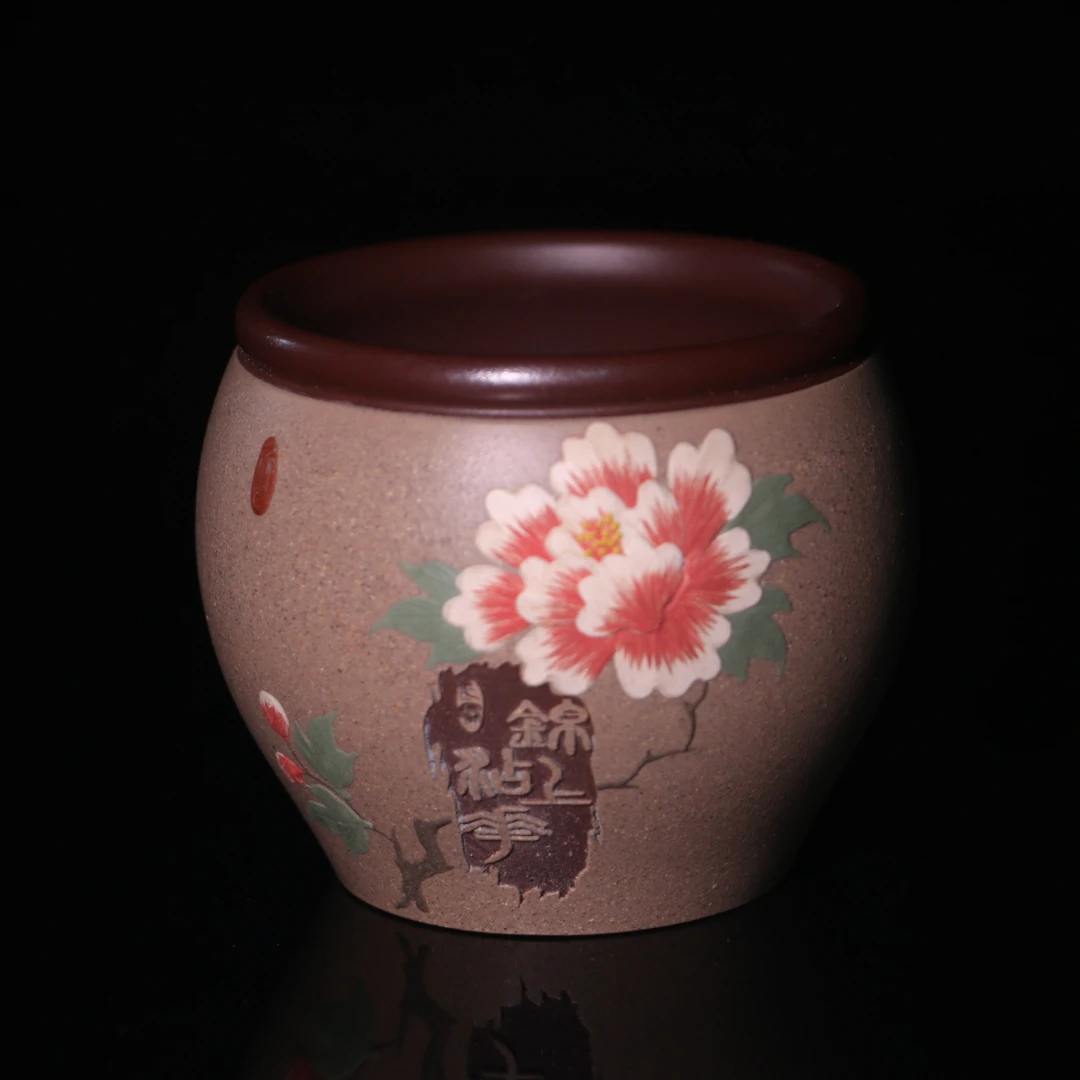 A126宜兴原矿紫砂主人杯手工堆绘锦上添花茶具品茗杯200cc