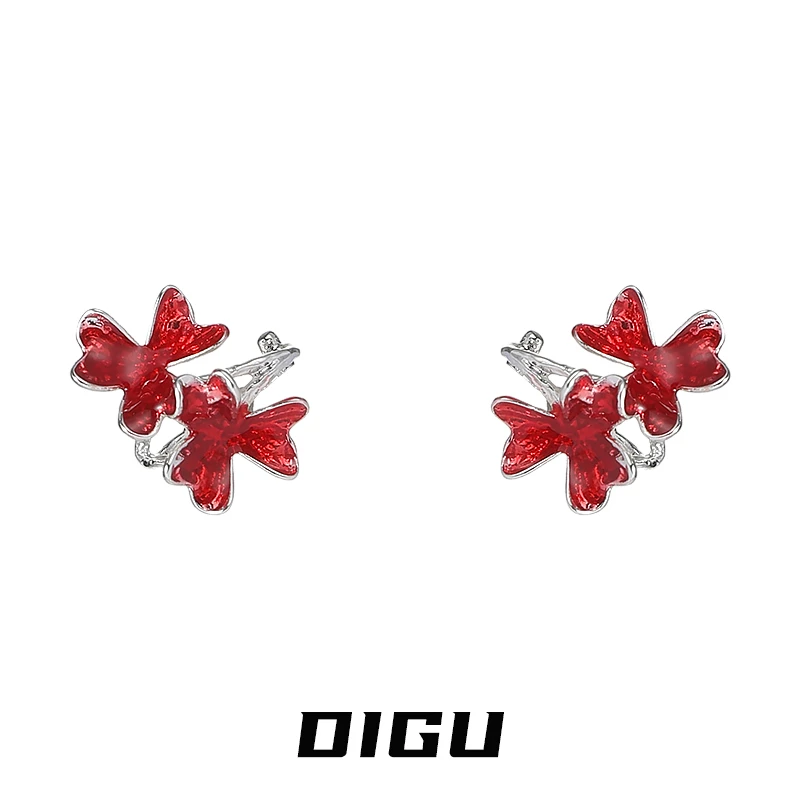 嘀咕家 铜合金合成锆石耳饰 精致红色花朵耳夹气质显白耳骨夹耳饰