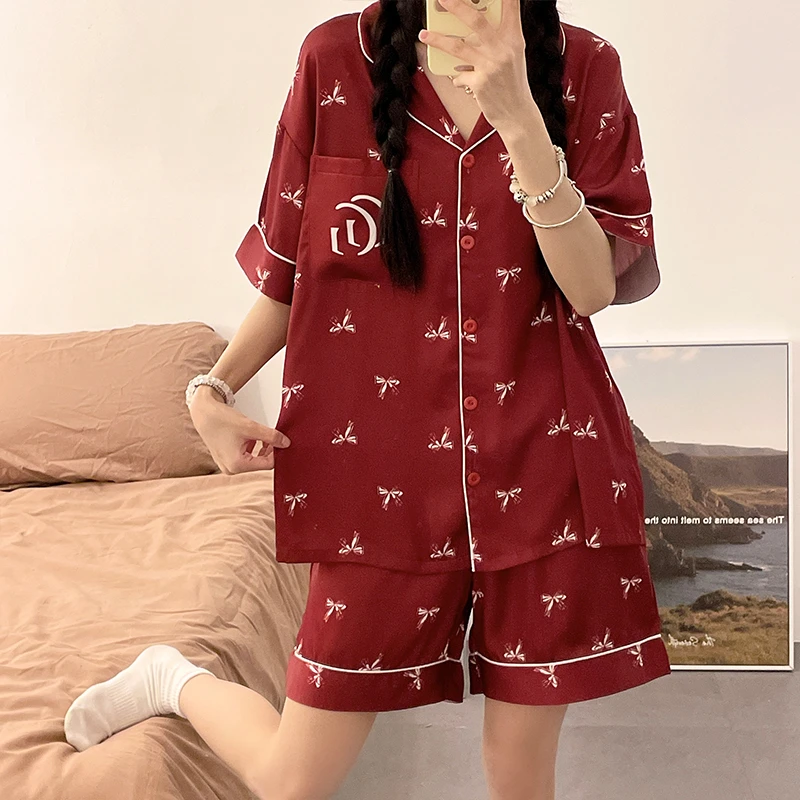 冰丝睡衣女翻领缎面网红卡通可爱休闲高档可外穿女士家居服套装夏