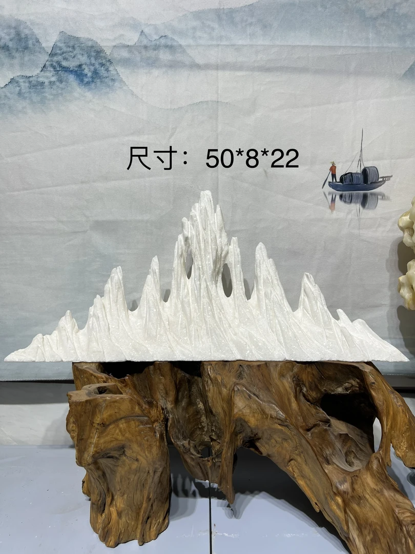 灵璧石：白色玉化、鱼缸造景、家居摆件、尺寸（50*8*22）