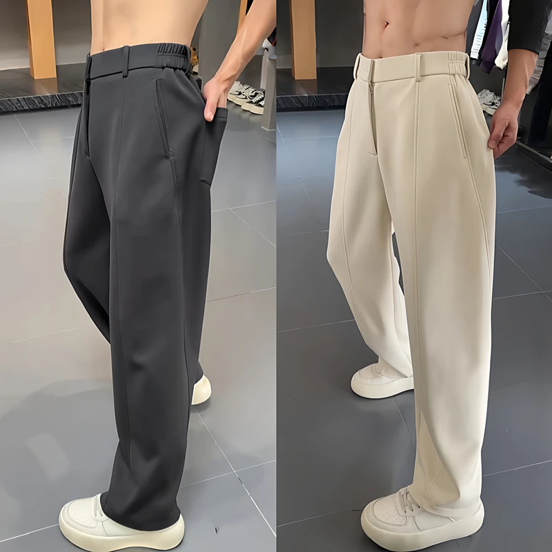 秋季新款精梳棉加厚直筒休闲裤男士高级感纯色垂感弹力显瘦弯刀裤