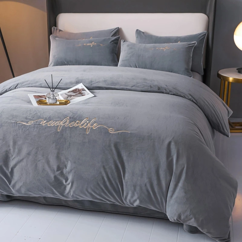 水星家纺秋冬款A类牛奶绒四件套加绒加厚纯色双面绒被套4联名水星
