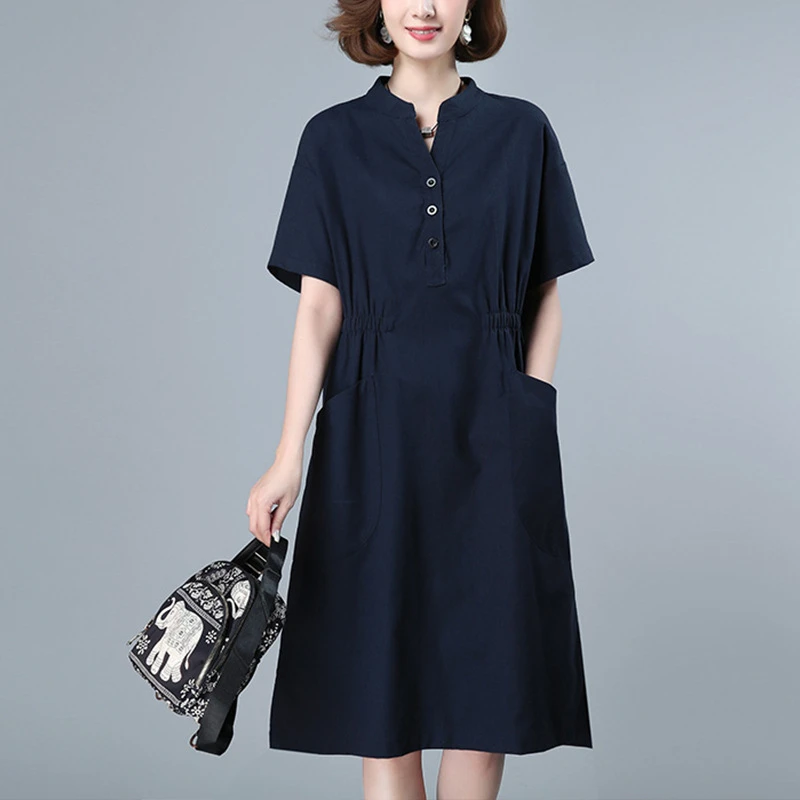 2117夏装新款亚麻连衣裙女中长款宽松中年妈妈气质显瘦亚麻裙子女