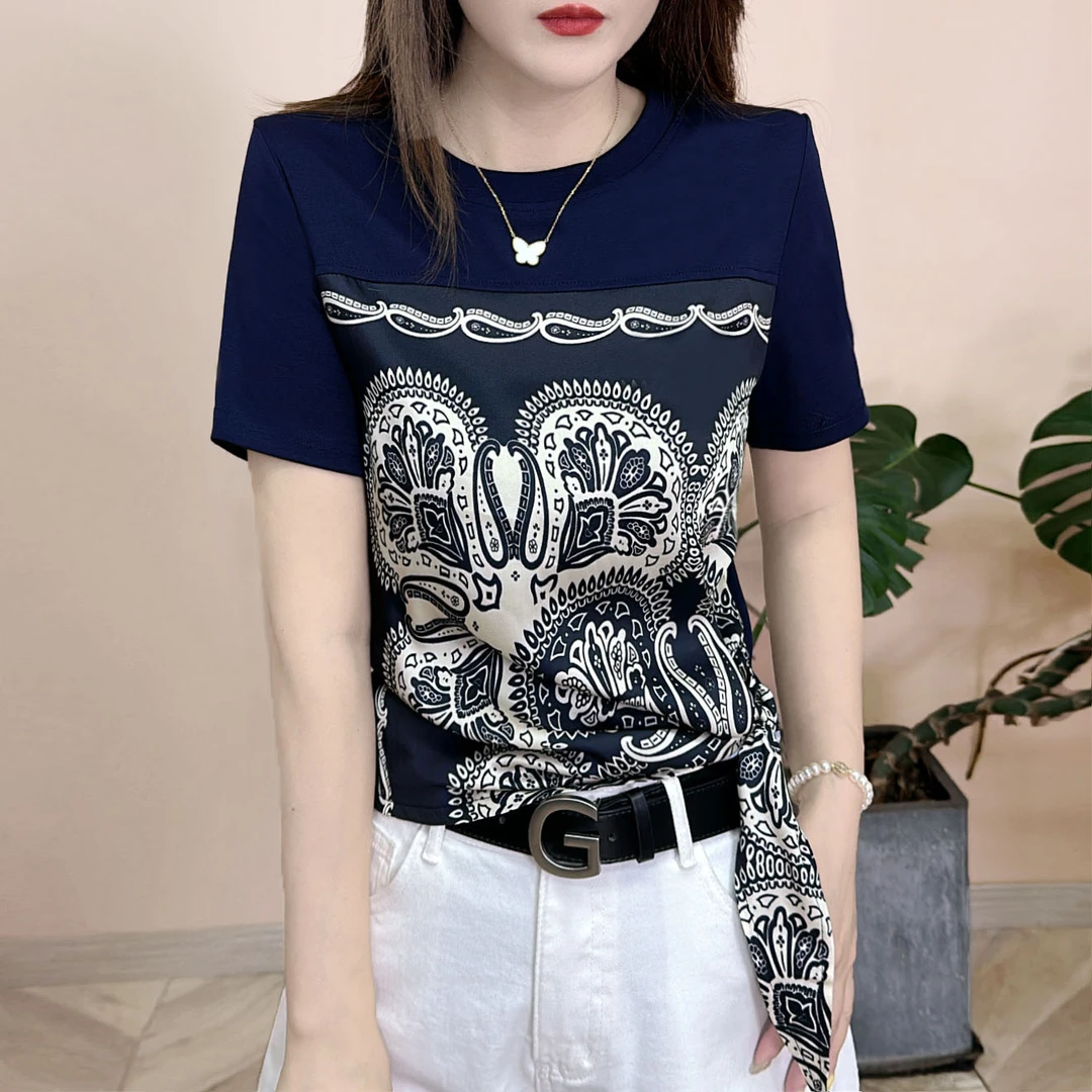 2025夏季新品时尚百搭修身显瘦法式洋气设计感女士短袖上衣8034