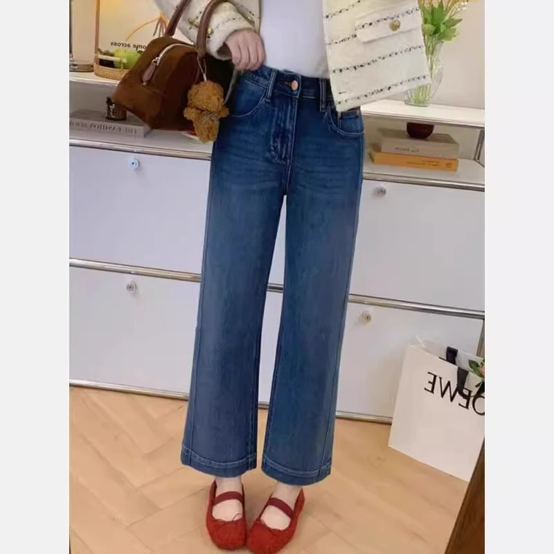 蓝色复古大码牛仔裤女2025春新款梨型身材胖mm高腰显瘦九分直筒裤