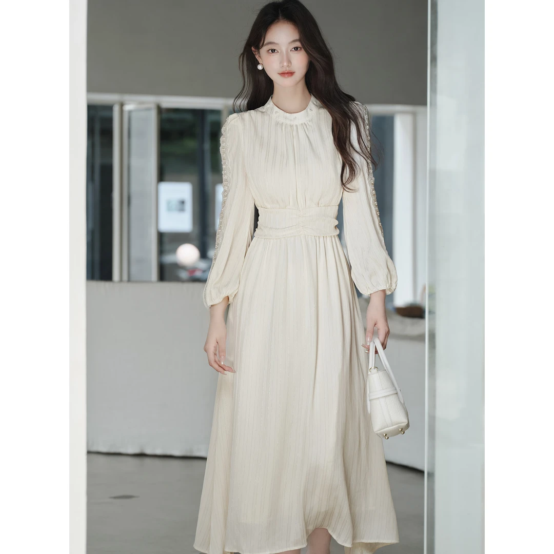 秋季长袖收腰显瘦蕾丝花边连衣裙设计感温柔优雅气质款长裙6119