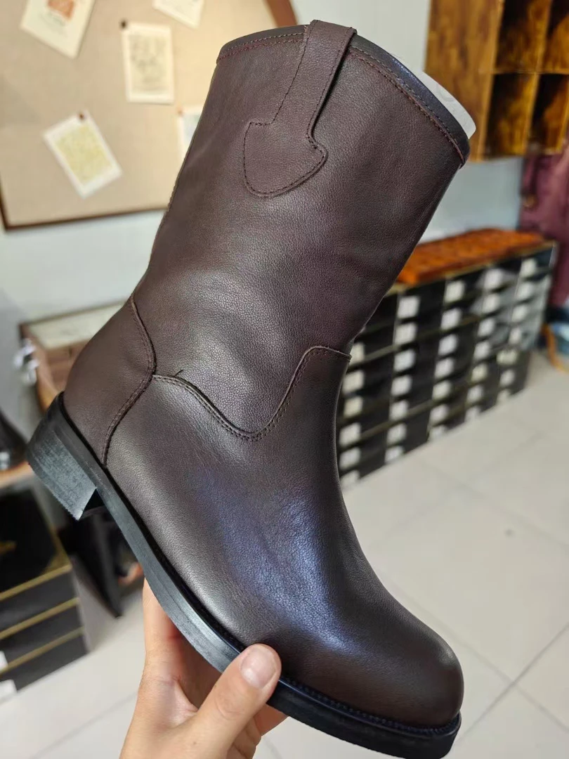 男女同款棕色短靴圆头牛皮休闲百搭真皮春夏秋时尚中筒靴子