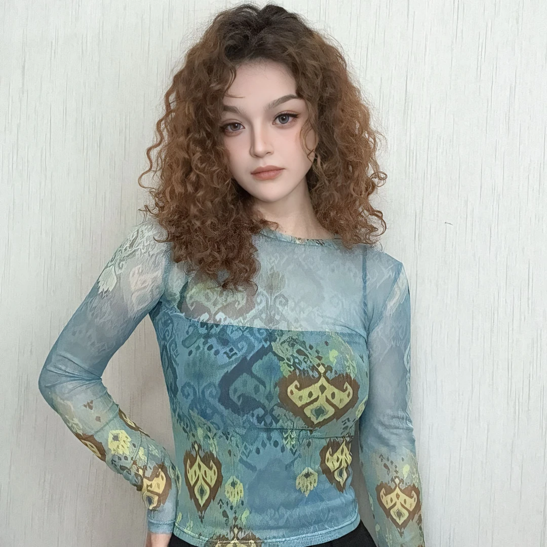 修身气质圆领网纱atlas民族特色2025印花网纱打底衫T恤