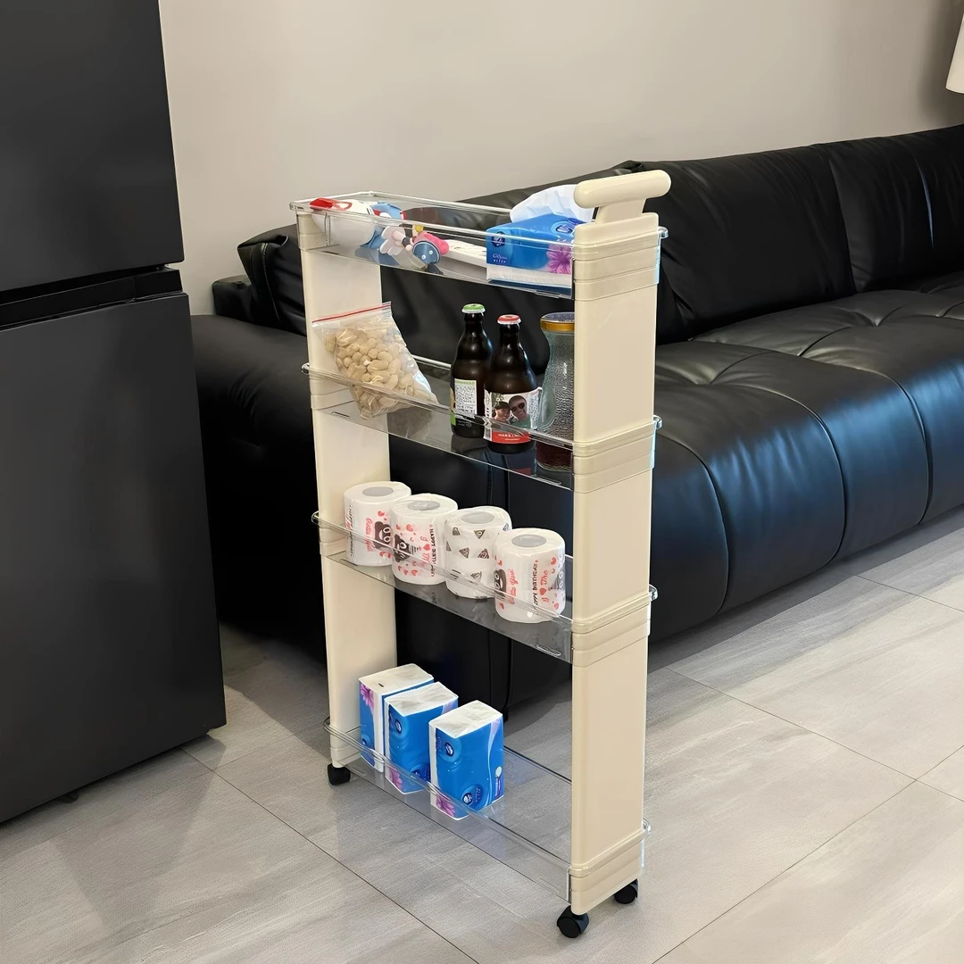 奶油风夹缝收纳柜落地多层可移动小推车置物架零食收纳架门后窄架