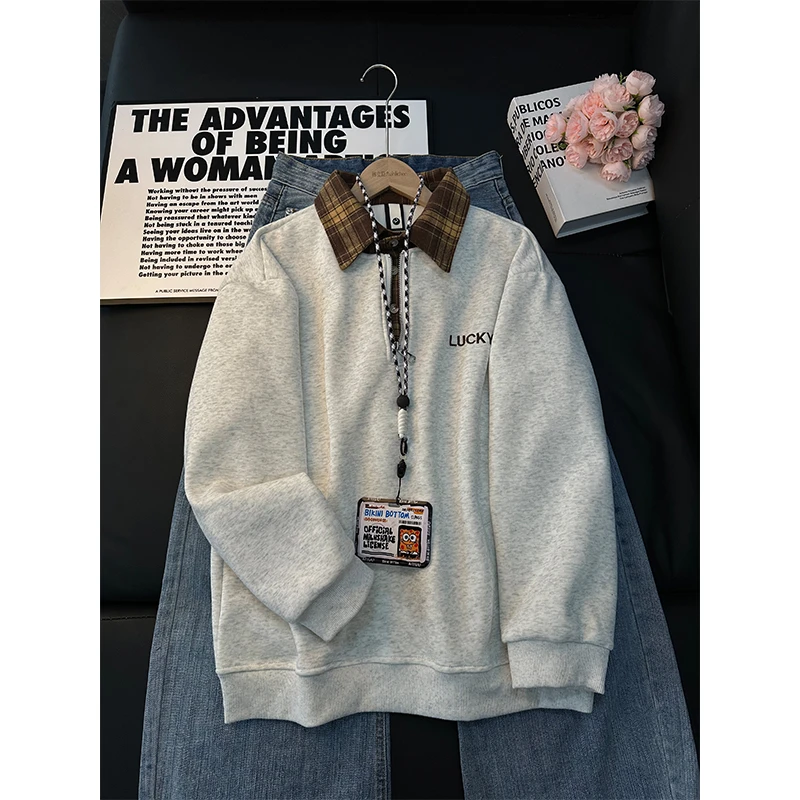 美式半拉链拼接翻领polo衫男款秋冬季加绒卫衣假两件套头上衣外套