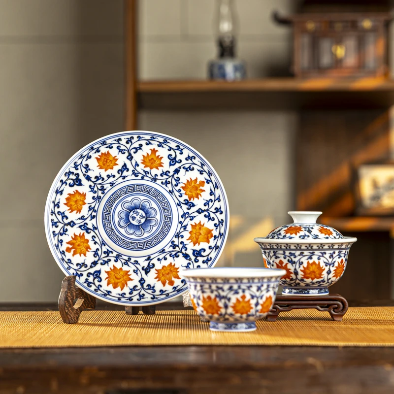 【墨舍柴窑】红炉永乐缠枝+盖碗+杯子套组 cbxlg34 茶道套组景德