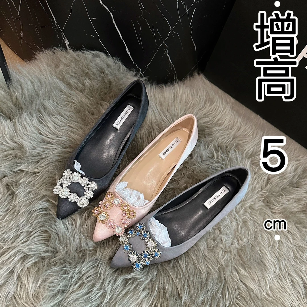 羊皮版～5cm增高花钻方扣绸缎尖头单鞋女法式高级感不累浅口平底鞋