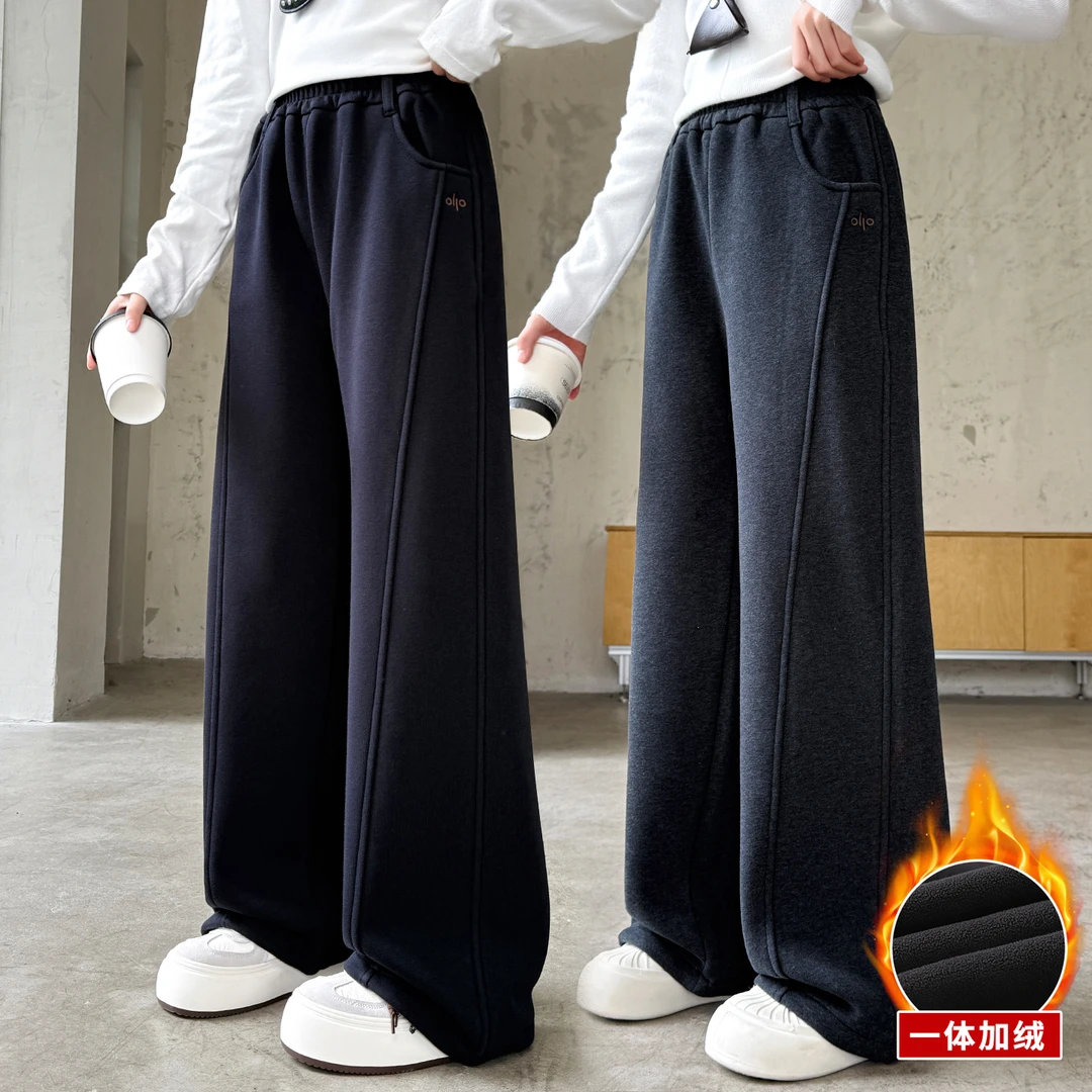 女童加绒裤子2025新款儿童一体绒阔腿裤女孩中大童初中生秋冬卫裤