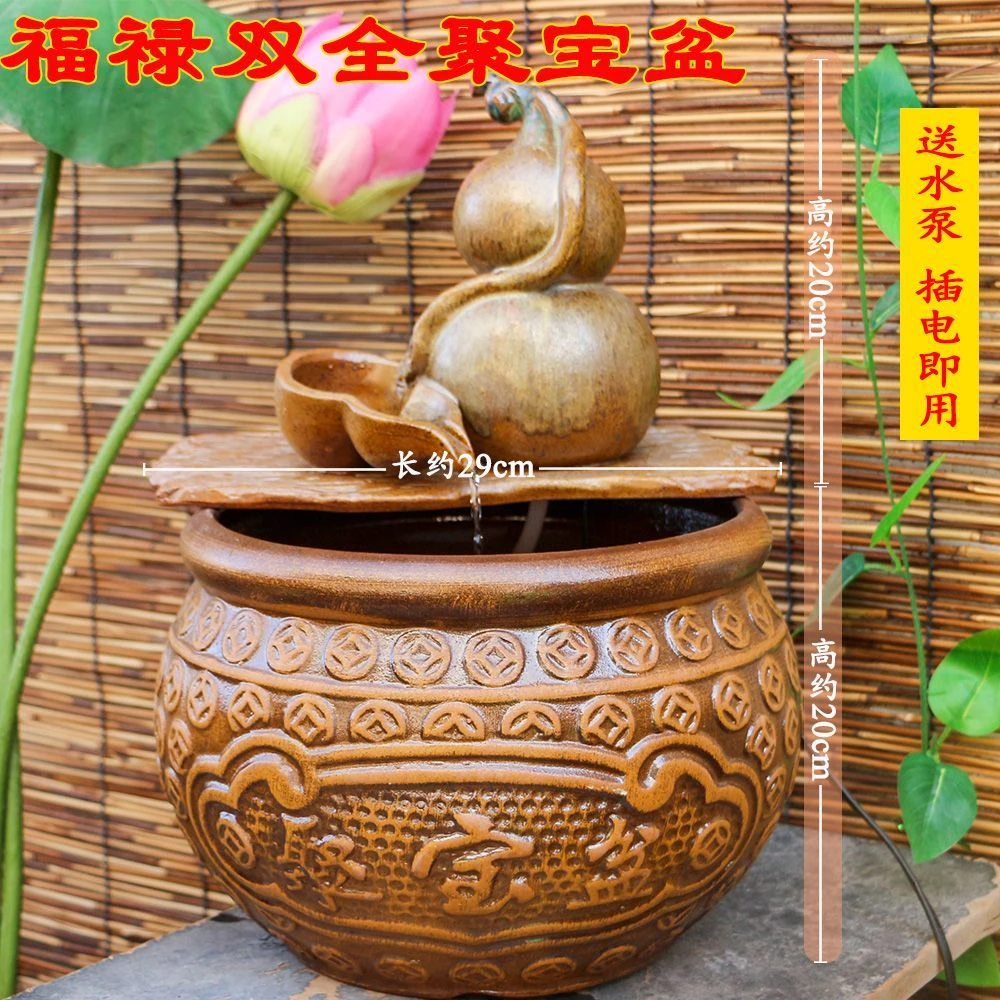 中式复古仿真葫芦流水陶瓷摆件水培缸增氧办公桌面造景装饰工艺品