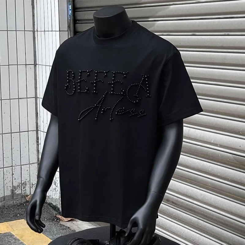 特大码300斤小众夏季钉珠潮牌短袖T恤男士小众设计感百搭上衣体恤
