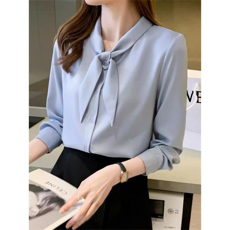 苏陌设计感蝴蝶结衬衫女长袖春秋高级质感精致缎面职业工作服上衣