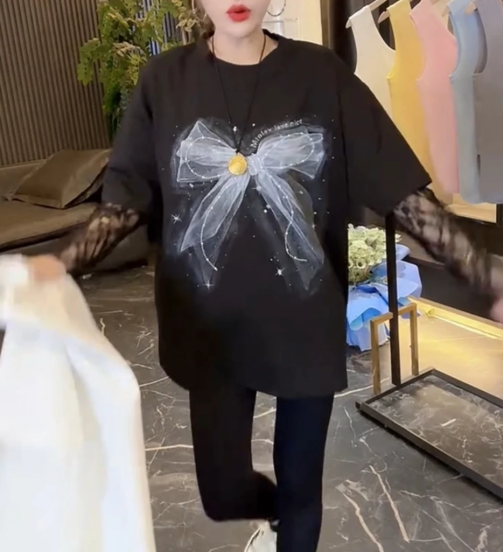 拼接网袖中长款蝴蝶结T恤【好物推荐】