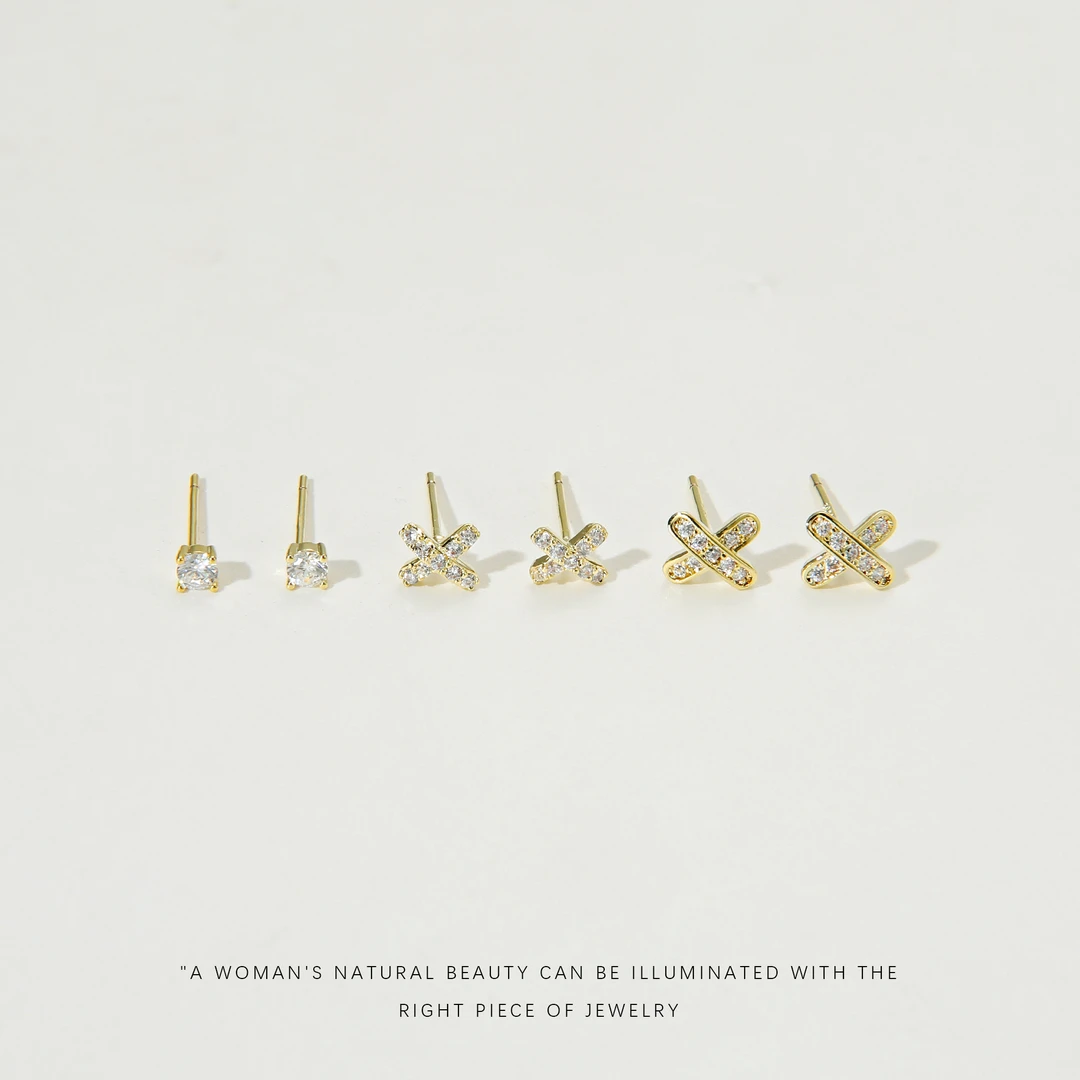 铜合金合成锆石耳饰 【X交叉套装】气质轻奢耳钉A558