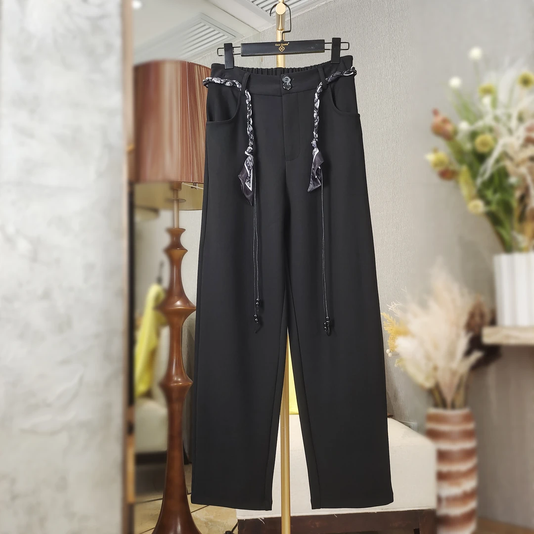 设计师黑白丝带休闲直筒裤