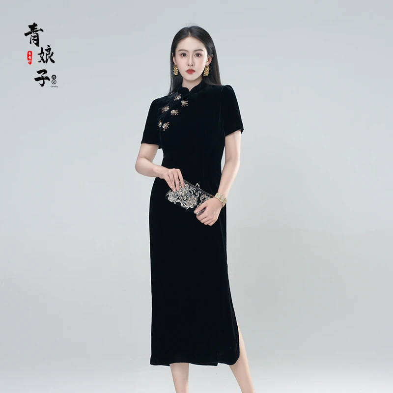 青娘子-丝绒(黛雪)串珠斜襟夏季高级感简约新中式立领旗袍61065