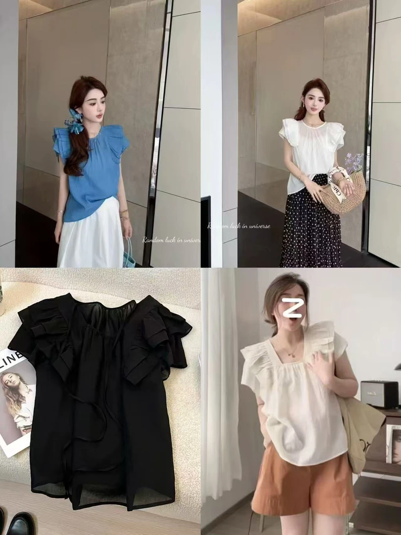 DD-100876荷叶边小飞袖温柔风上衣