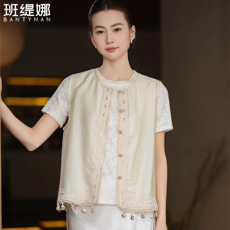 中国风马夹圆领女装百搭常规款上衣宽松气质马甲纯色镂空复古中式