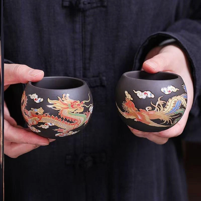 日本进口紫砂遇热变色龙凤呈祥喝茶杯情侣款对杯复古功夫茶具品茗