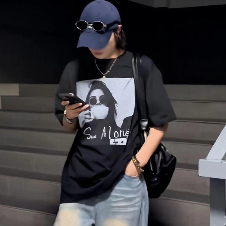 街头ins印花纯棉短袖t恤衫女2025夏季宽松设计感小众oversize上衣