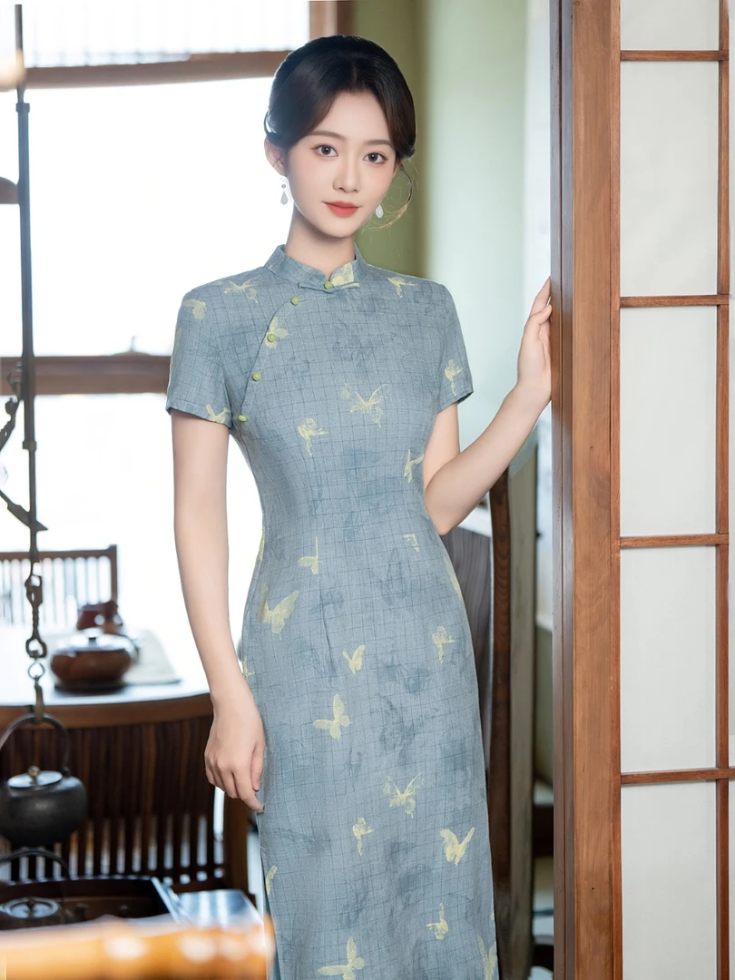 单层民国风夏款薄款中式改良蓝色气质2025新款旗袍年轻日常连衣裙