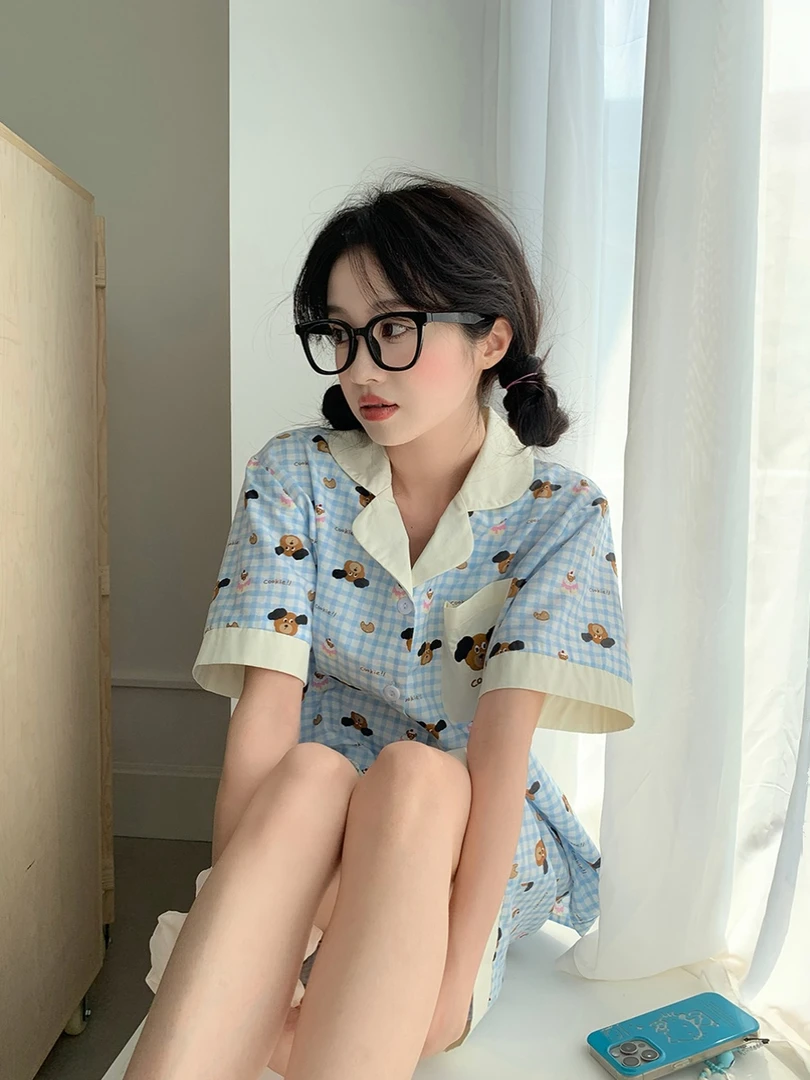 夏天薄款撞色边格子卡通睡衣女士宽松短袖短裤外穿甜美家居服套装