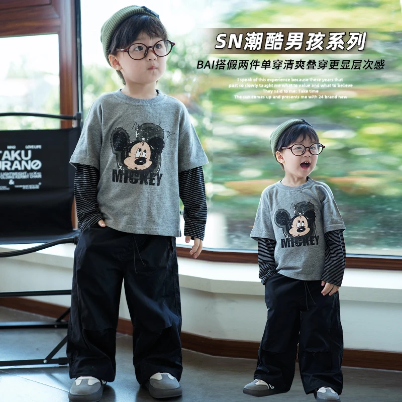 JMJQ上新浅秋中小童韩版卡通印花时尚拼接假两件长袖打底衫251150