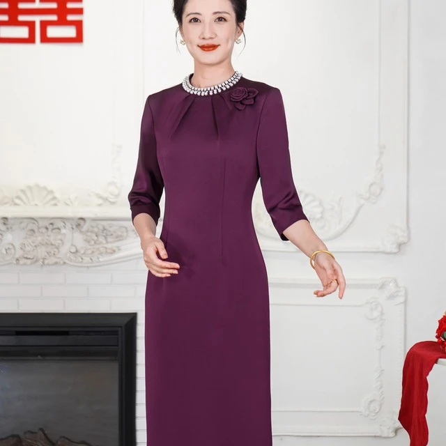 婚宴妈妈装礼服紫色高端年轻款秋季平时可穿显瘦结婚喜婆婆连衣裙
