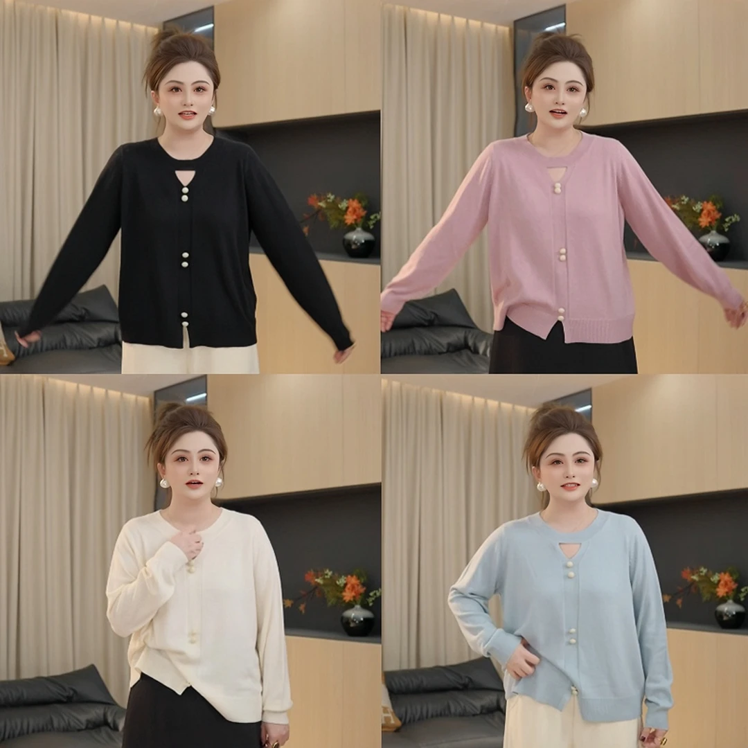 【胖佳佳】现货~蜜桃四季春 圆领镂空针织衫秋冬时尚百搭H625Z17040