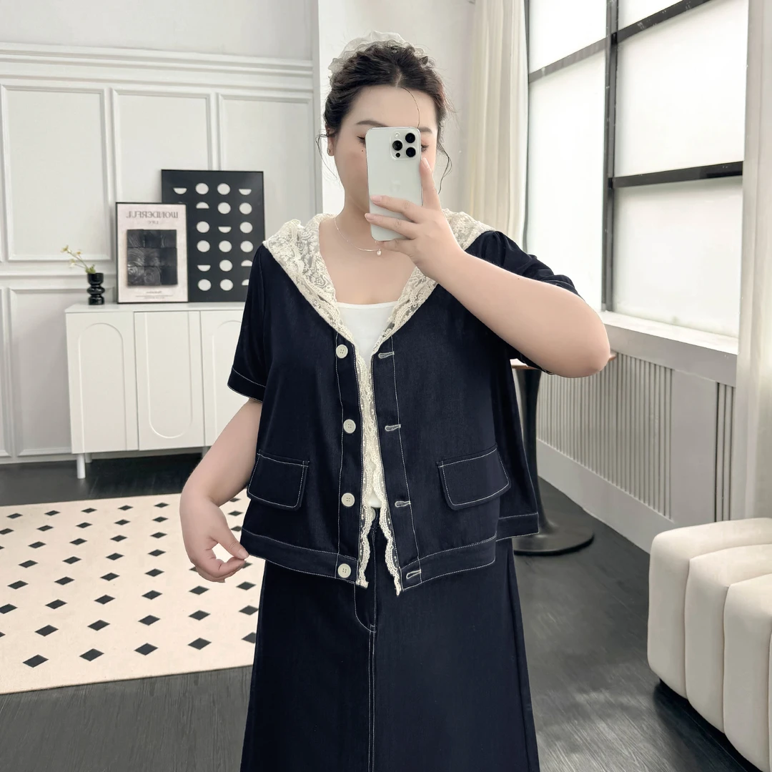 DX7737大码女装【潮酷牛仔套装】蕾丝拼接连帽短袖外套半身裙两件套