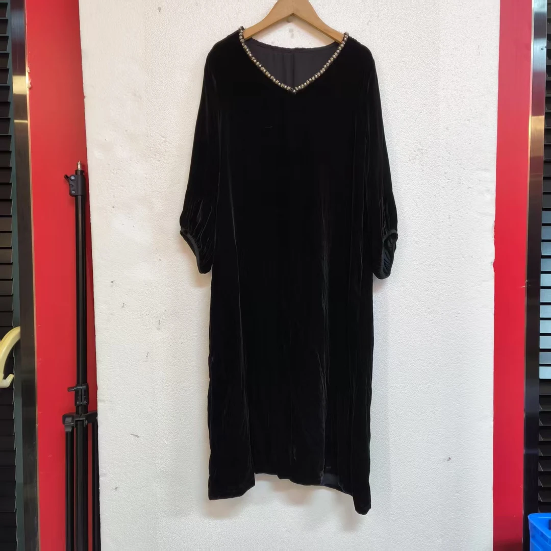 100桑蚕丝真丝丝绒重工钉珠五分短袖连衣裙390