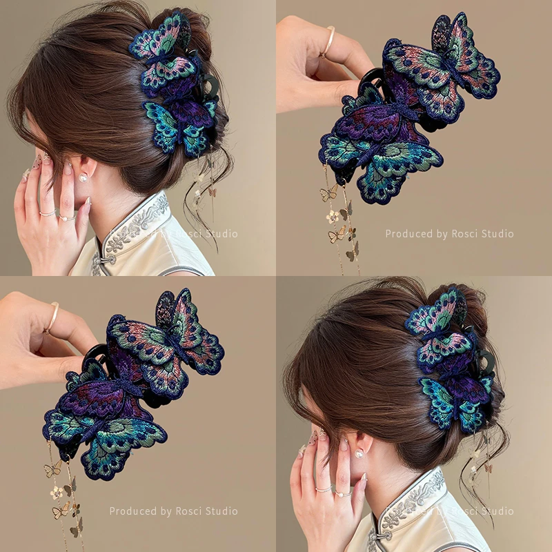 复古刺绣焕彩蝴蝶抓夹女流苏民族风2025新款盘发夹鲨鱼夹古风头饰