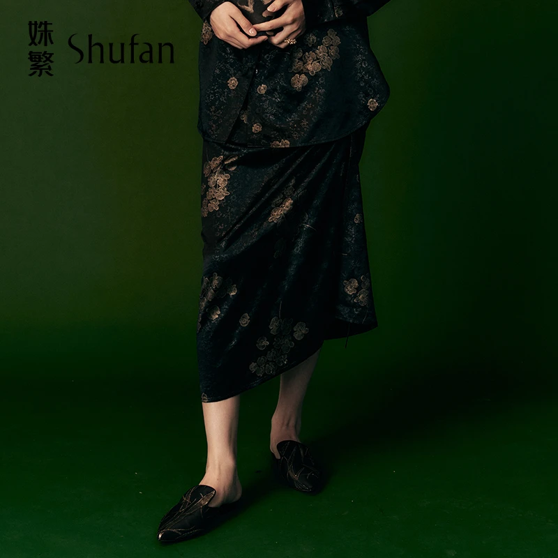 姝繁 花色立体裁剪抽褶烫金新中式半身裙优雅高级气质 SLWFR1Q647