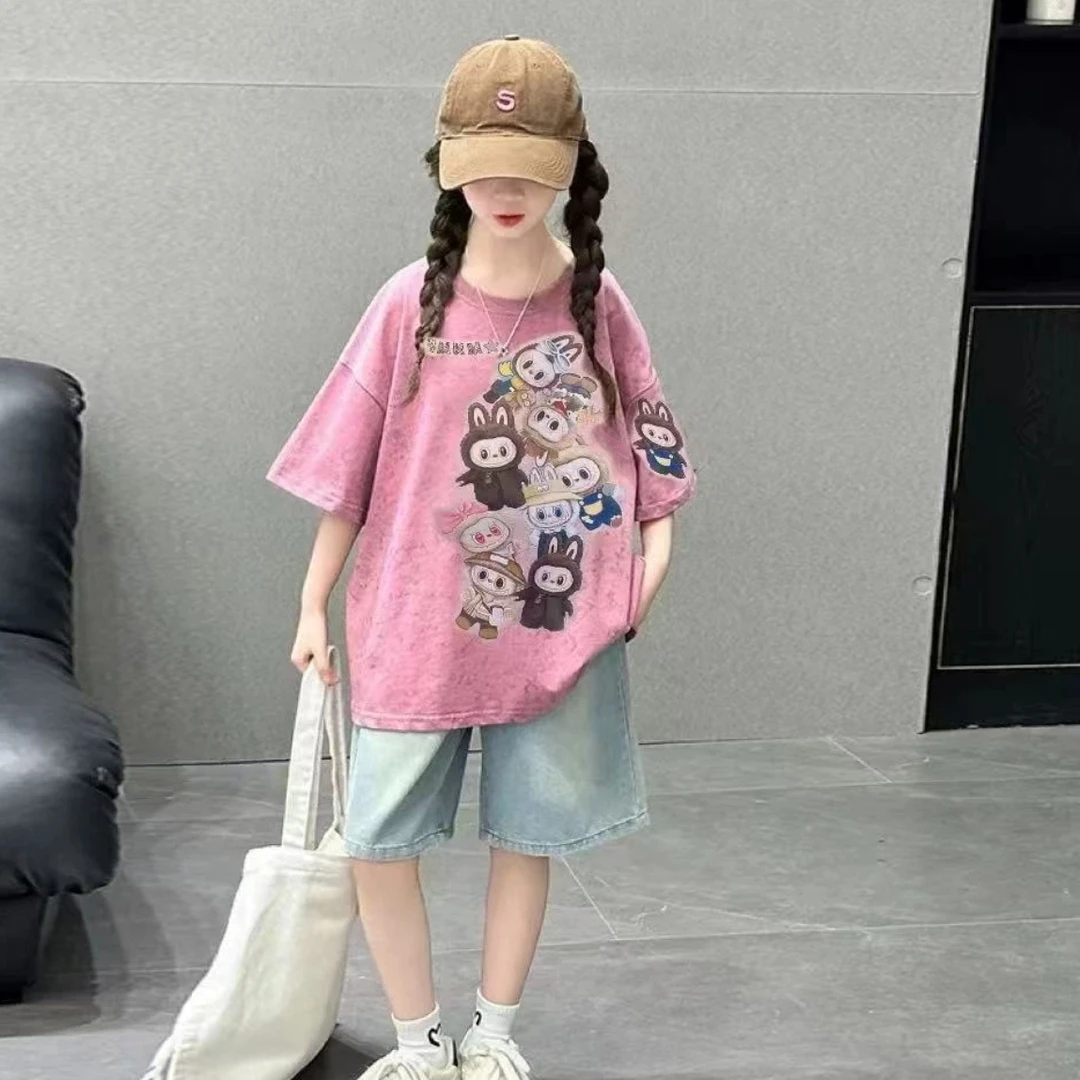 女童夏季薄款套装2025中大童Labubu卡通扎染短袖儿童牛仔短裤套装
