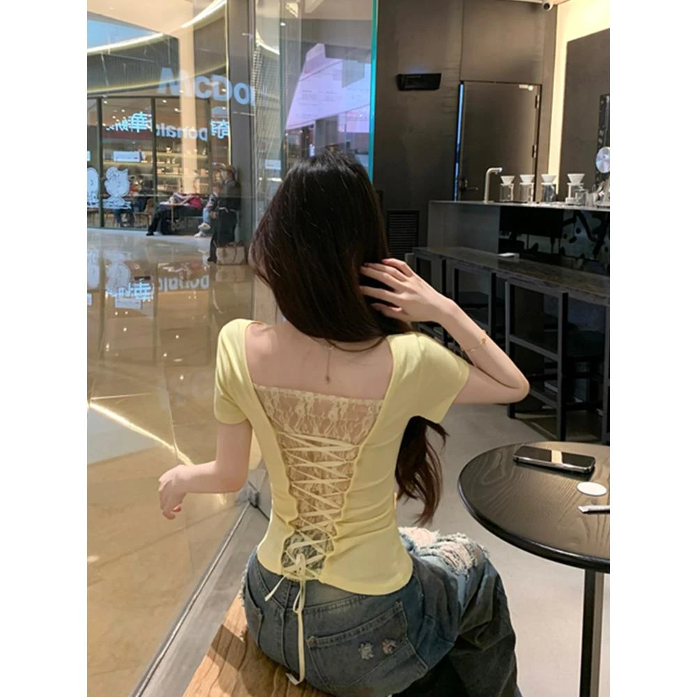 多巴胺镂空后背蕾丝短袖t恤女夏季纯欲辣妹性感露背短款上衣半袖