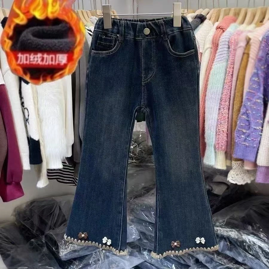 女宝裤子2025秋冬新款韩版童装女童一体绒加厚碎花修身牛仔喇叭裤