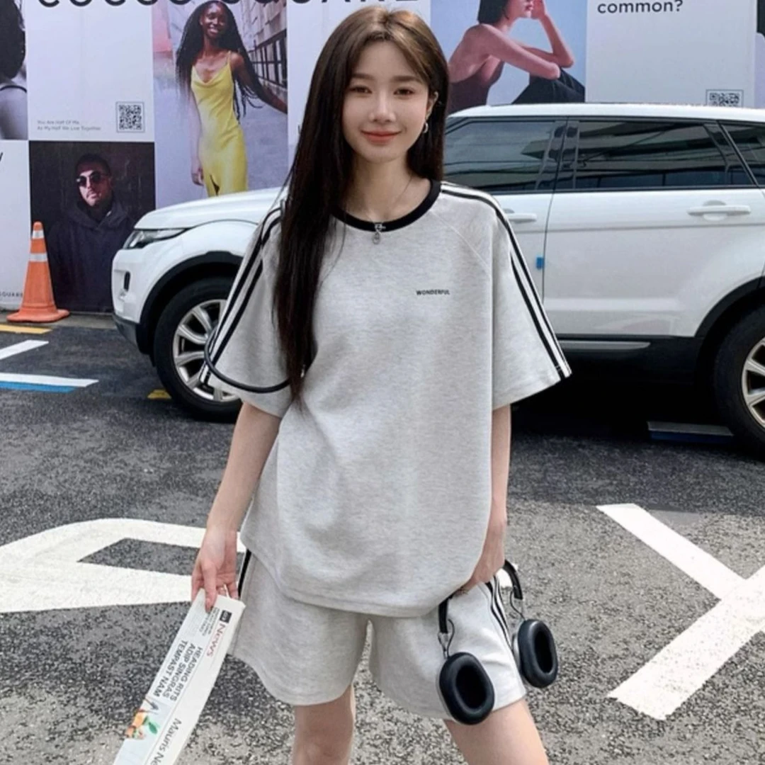 美式洋气休闲运动服套装女夏学生宽松韩版时尚短袖短裤跑步两件套