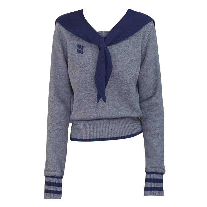 韩系海军领系带条纹针织衫女2025春设计感时尚百搭显瘦毛衣上衣