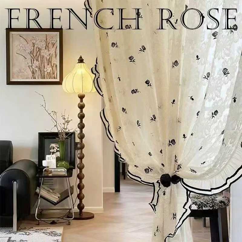 法式玫瑰奶油色小香风黑色刺绣玫瑰浪漫花边纱帘透光不透人窗纱