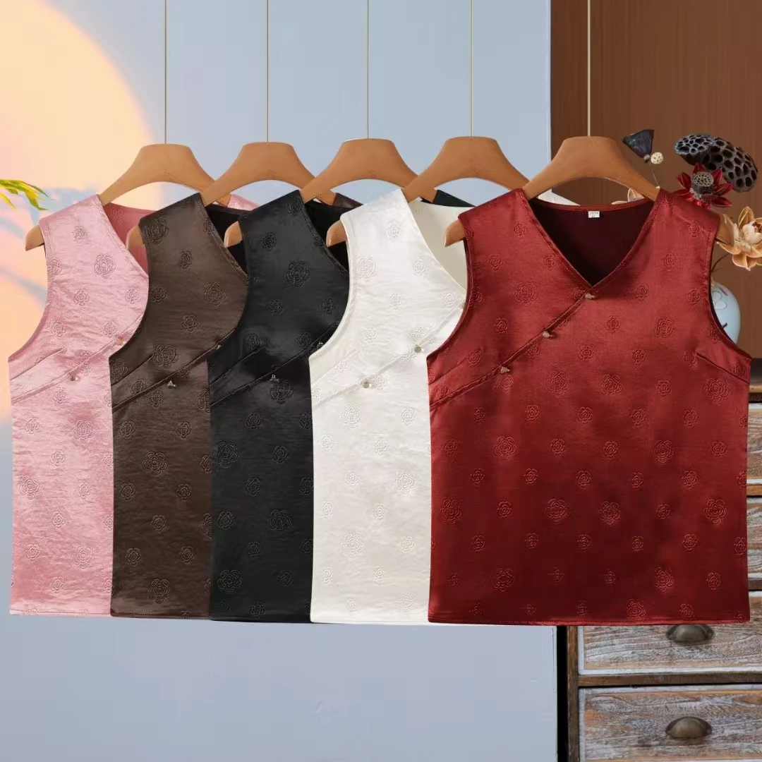 夏季中式国风背心宽松吊带提花无袖新款通勤打底无痕上衣女士背心
